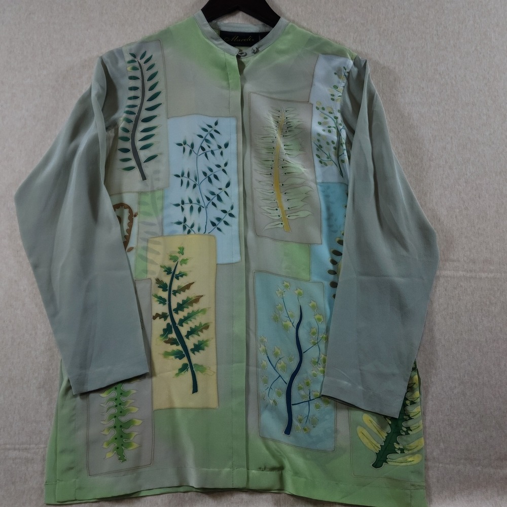 Mureli 100 Silk Botanical Leaf Print Tunic Blouse Jacket Small Sage Lagenlook